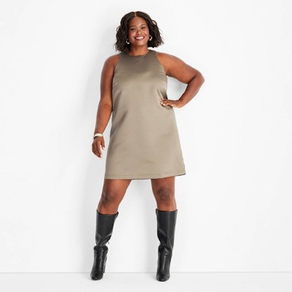 FUTURE COLLECTIVE Dress Women Plus 4X Taupe Gray 90s Satin Mini NWT Sleeveless